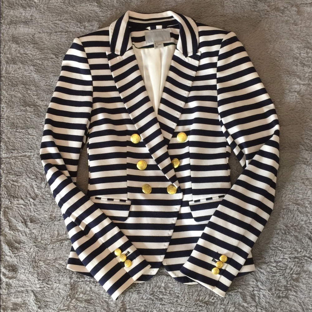 H&M FITTED NAVY & WHITE STRIPE BLAZER W/LINING